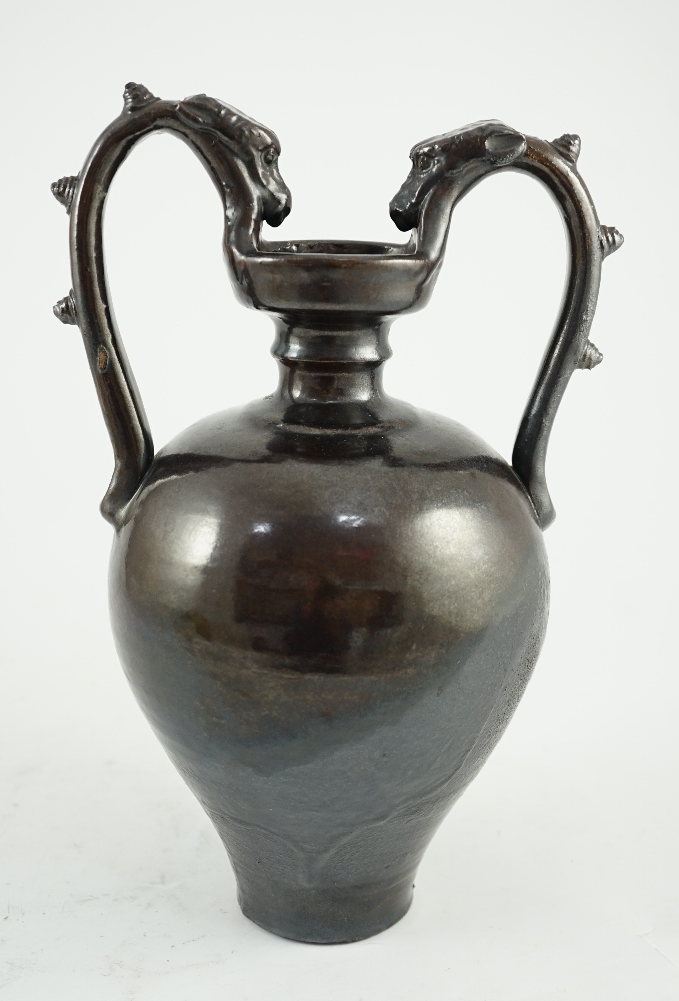 A Chinese dark brown glazed twin handled amphora, in Tang style probably Republic period, 29.5cm high